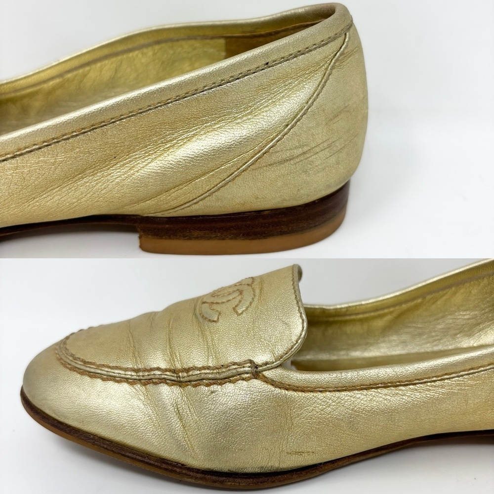 Chanel Vintage CC Golden Leather Loafers Gold Logo Flats EU 37 - Picture 11 of 16